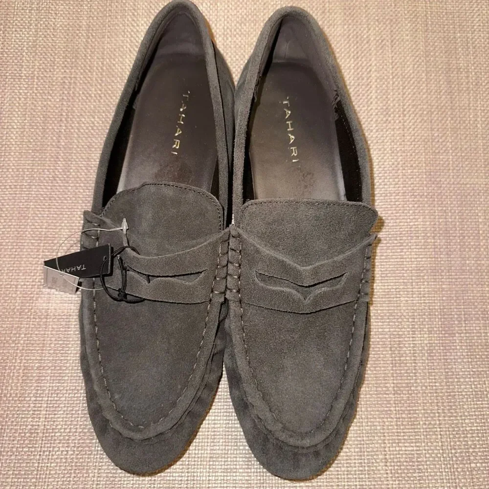 Tahari Women’s 9 Teagan Leather Suede Penny Loafers Dark Brown Gray NWT